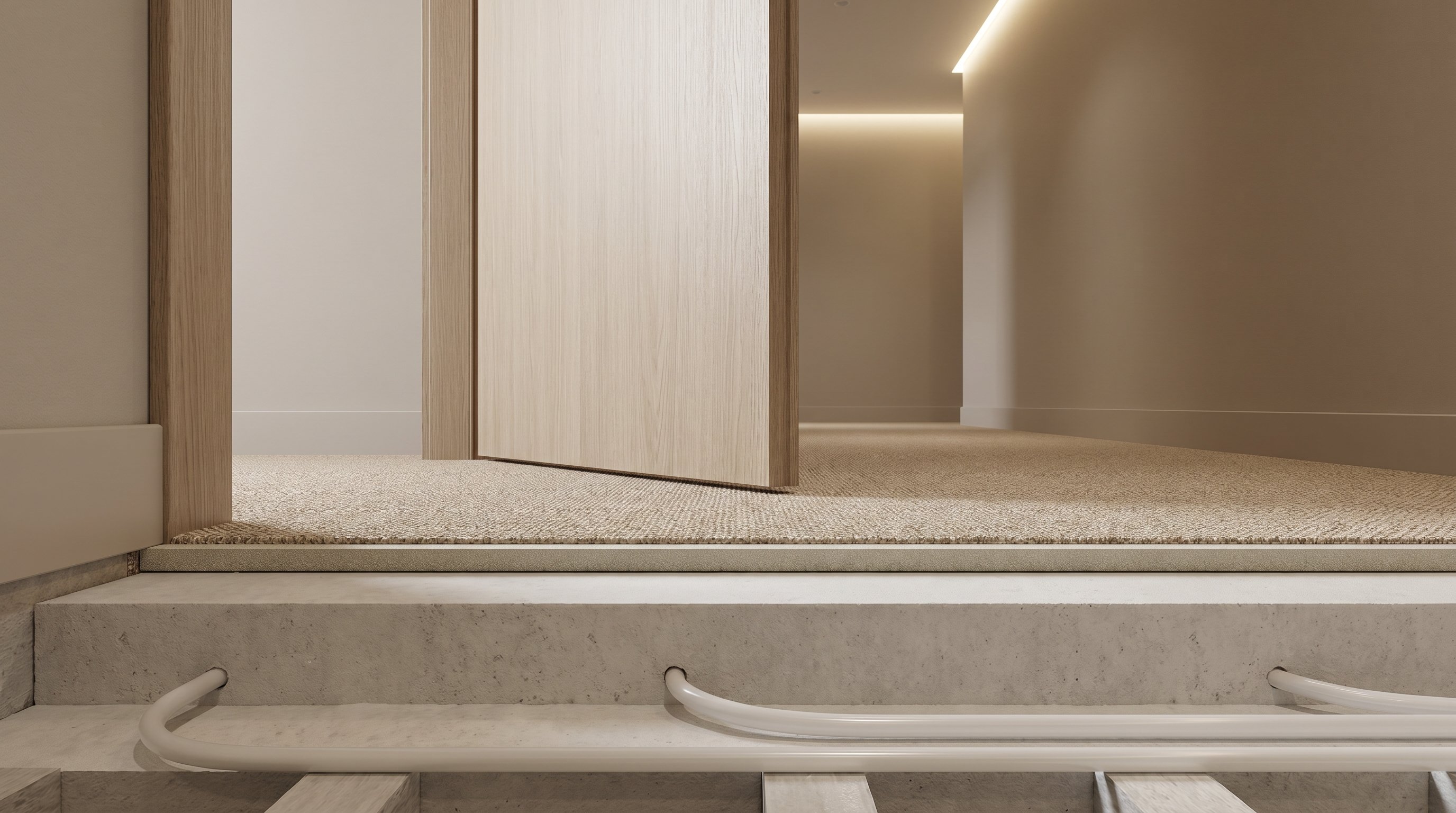 Интерьер коридора в современном стиле в разрезе сбоку: дверь, слегка приоткрытая, показана так, чтобы было видно зазор между нижним краем полотна и полом. На полу — участок с