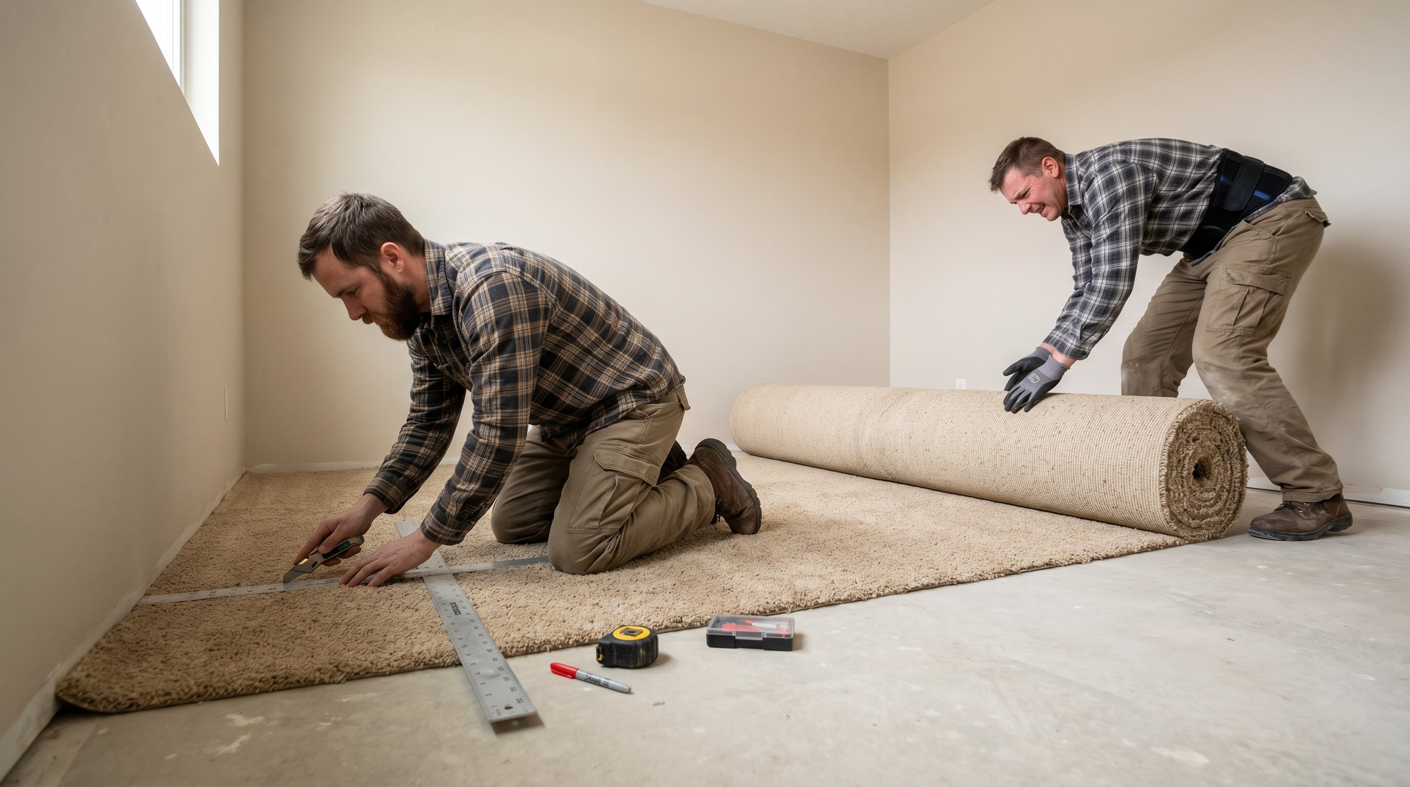 Небольшая комната с голым ровным полом и частично уже раскатанным ковролином; один человек в рабочей одежде наклоняется и режет ковролин по металлическому правилу, второй