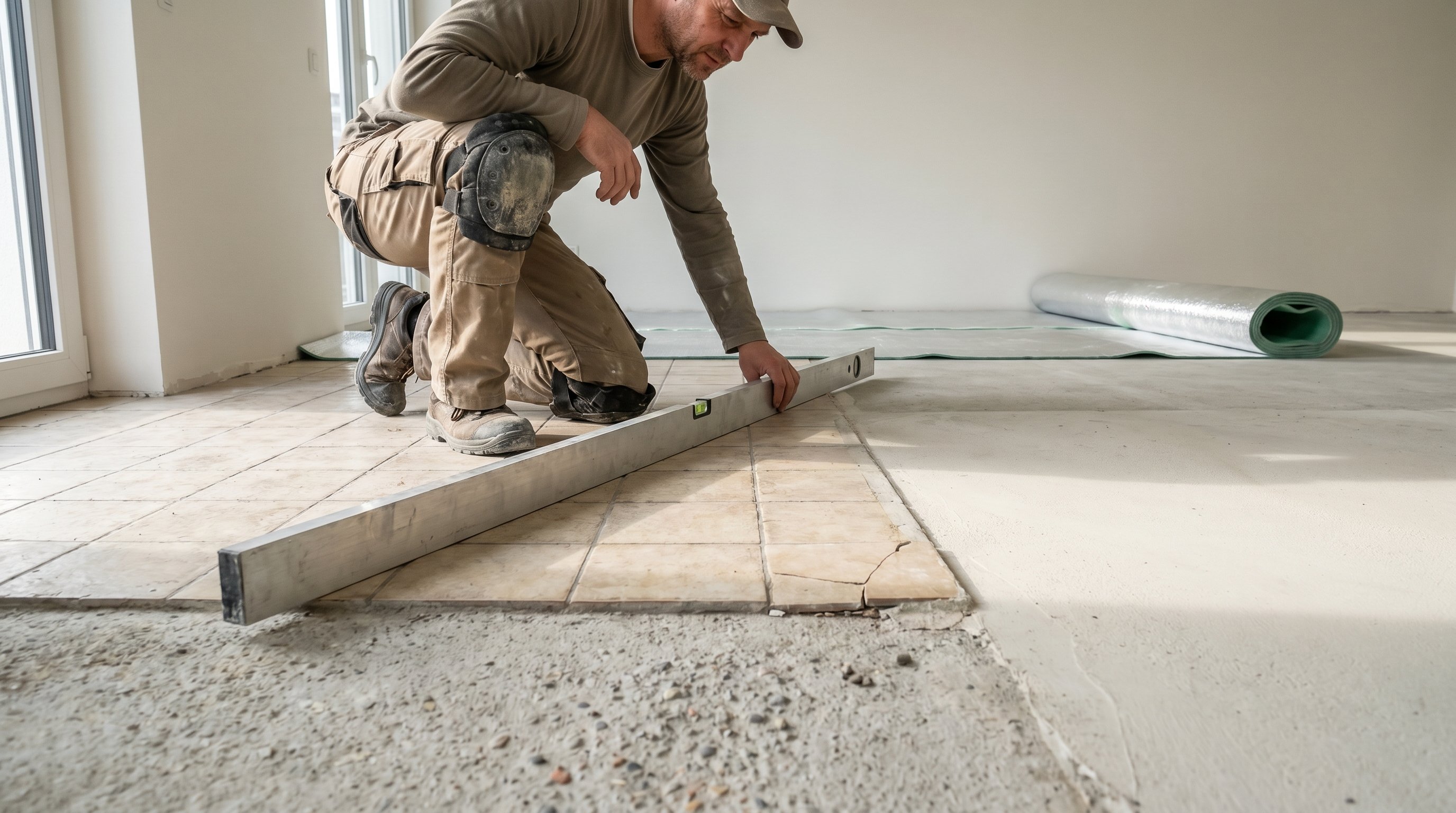 Современная комната без мебели, на полу мастер в наколенниках стоит на коленях с длинной двухметровой рейкой и уровнем, проверяя ровность основания. На переднем плане виден