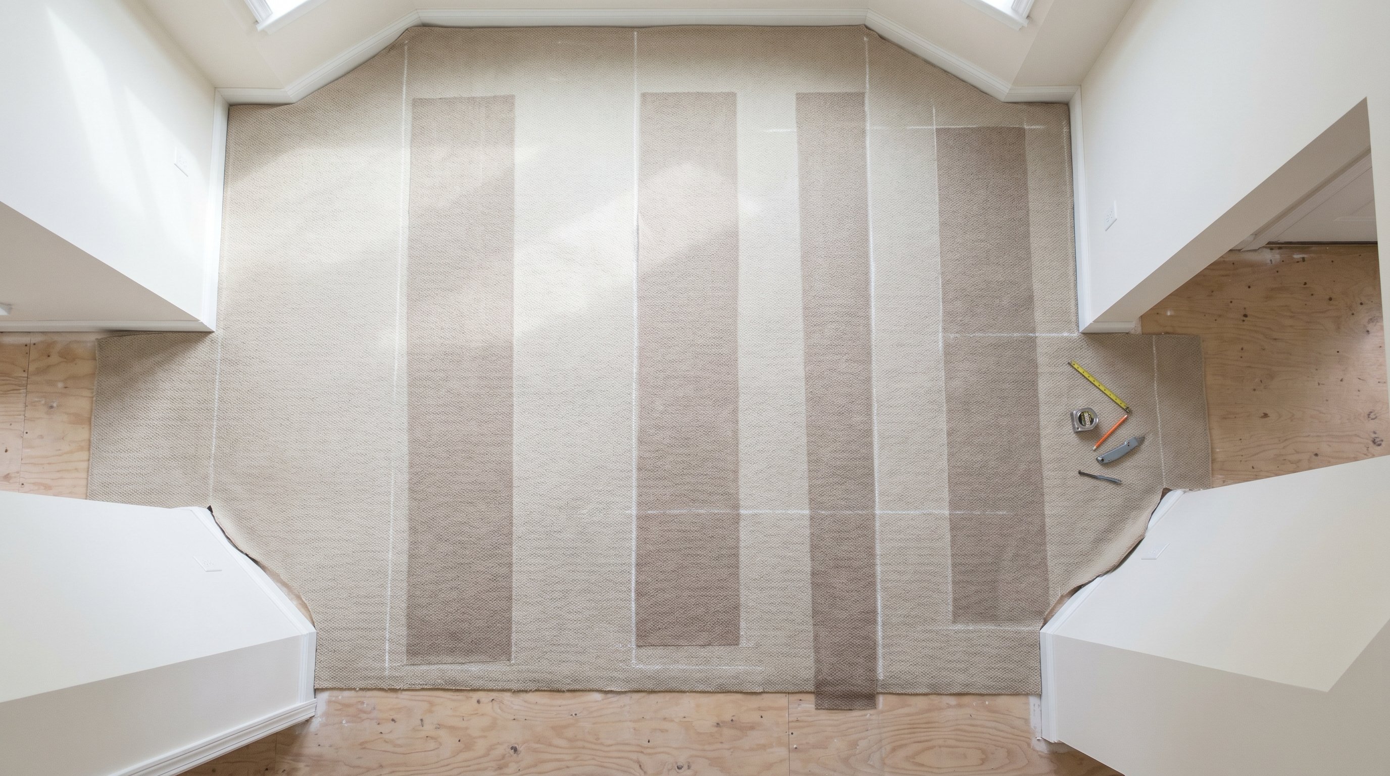 Вид сверху на комнату сложной формы с нишей и выступом, нарисованную как аккуратный чертеж: по периметру лежит ковролин с небольшим запасом, слегка заходящий на стены. Поверх