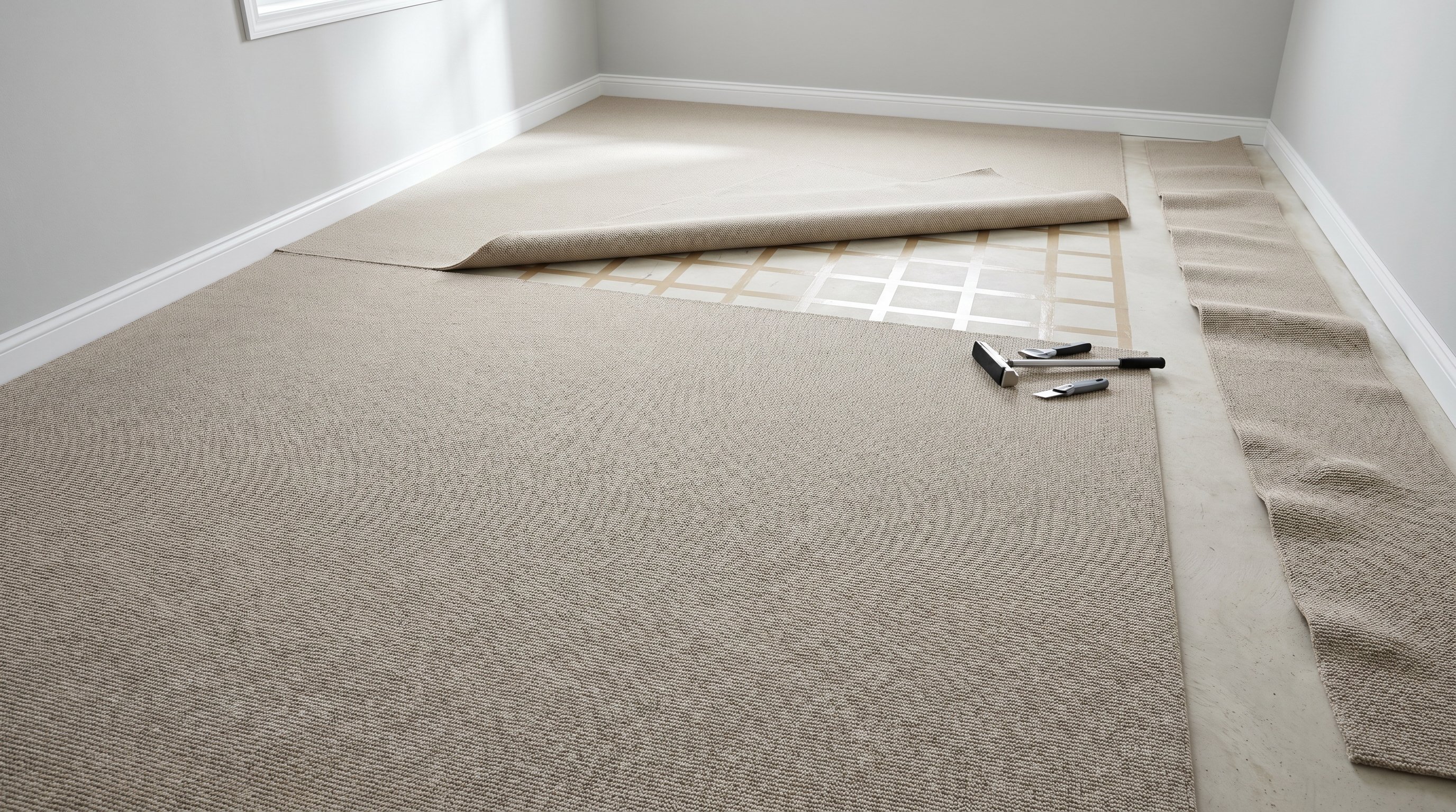 Комната среднего размера, вид сверху в лёгкой перспективе. На переднем плане — участок пола с ковролином, закреплённым только плинтусами по периметру: полотно лежит ровно. В