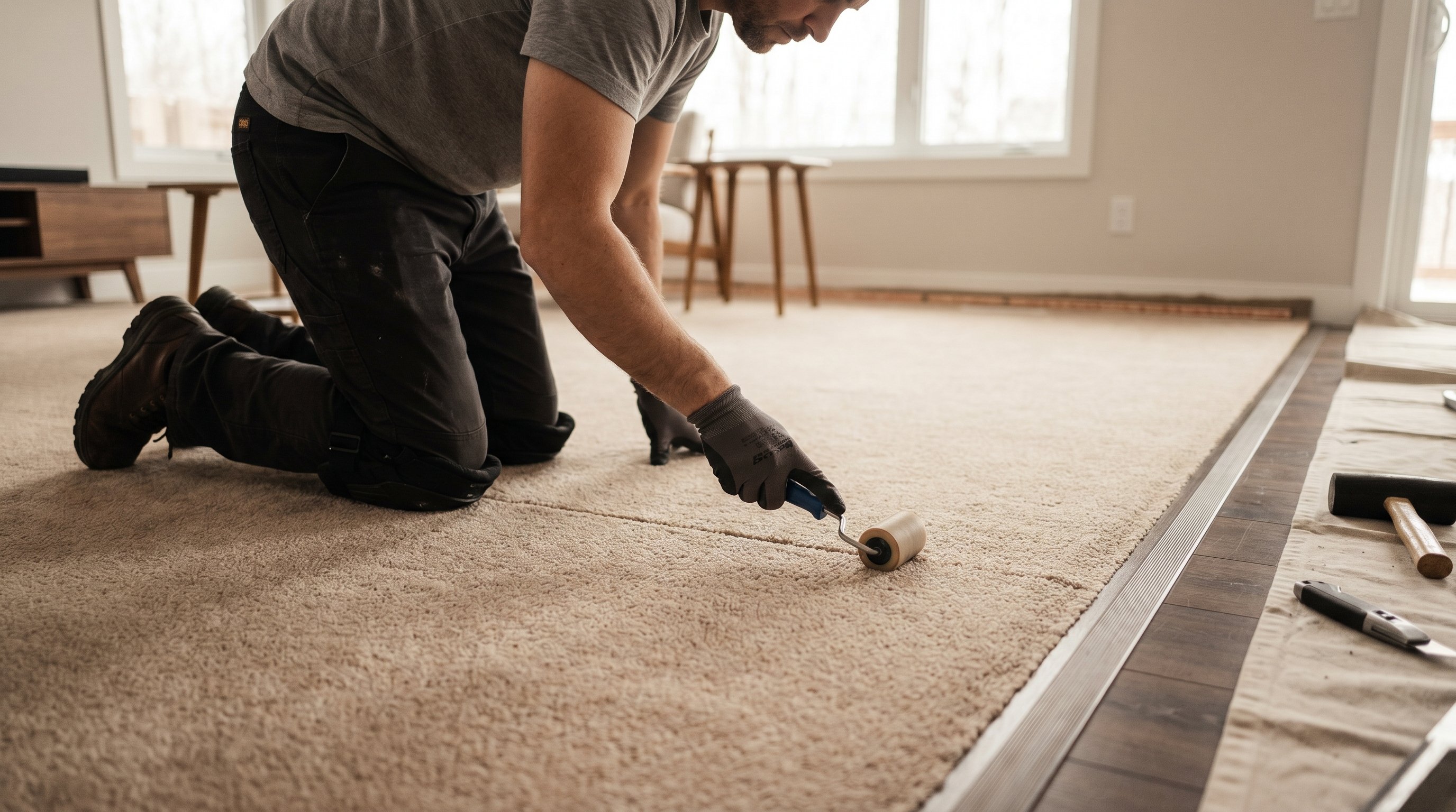 Современная комната в процессе укладки ковролина: на переднем плане мастер наколенниками опирается на пол и прокатывает скрытый шов ковролина маленьким валиком по свежему стыку